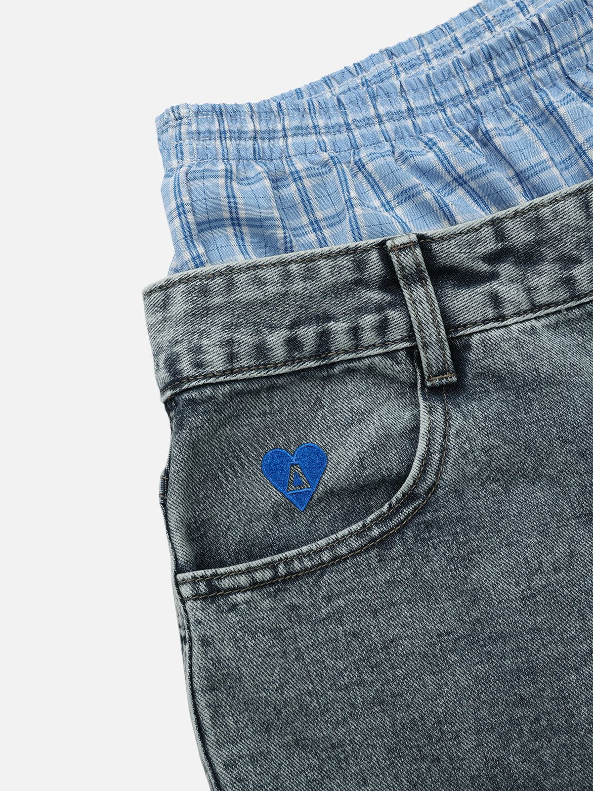 Plaid Patchwork Loose Jeans Blue - Aelfric Eden