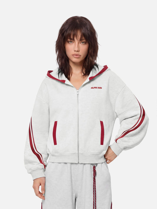 Boxy Contrast Stripe Zip Up Hoodie Grey - Aelfric Eden