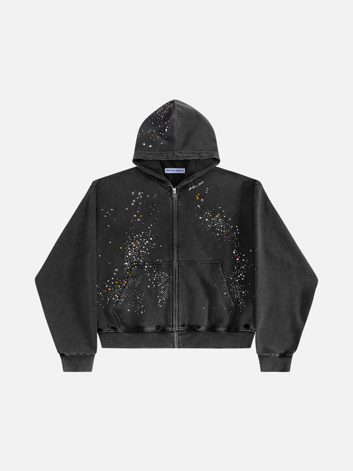 Rhinestone Regular Zip Up Hoodie Black - Aelfric Eden