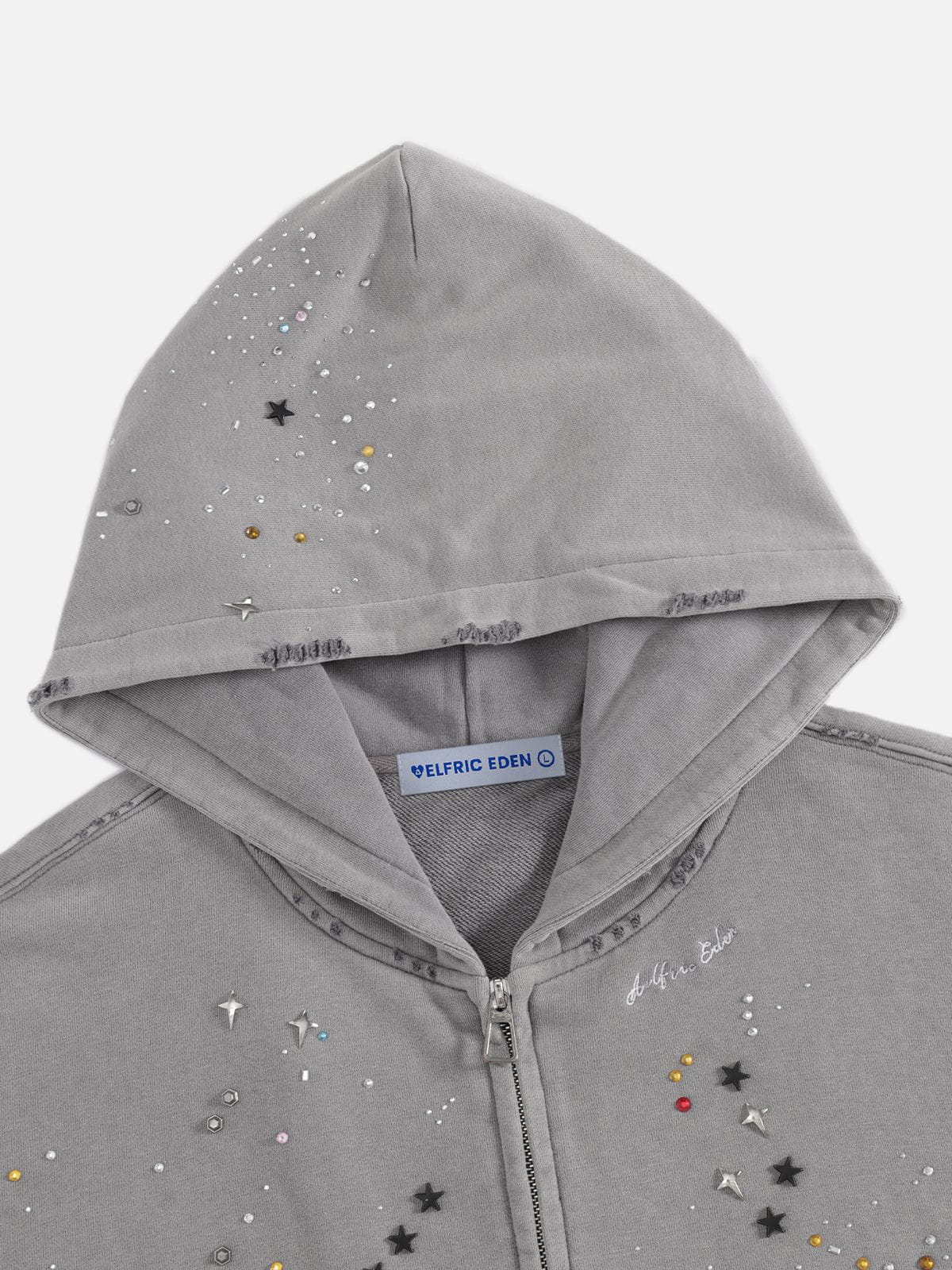 Rhinestone Regular Zip Up Hoodie Black - Aelfric Eden