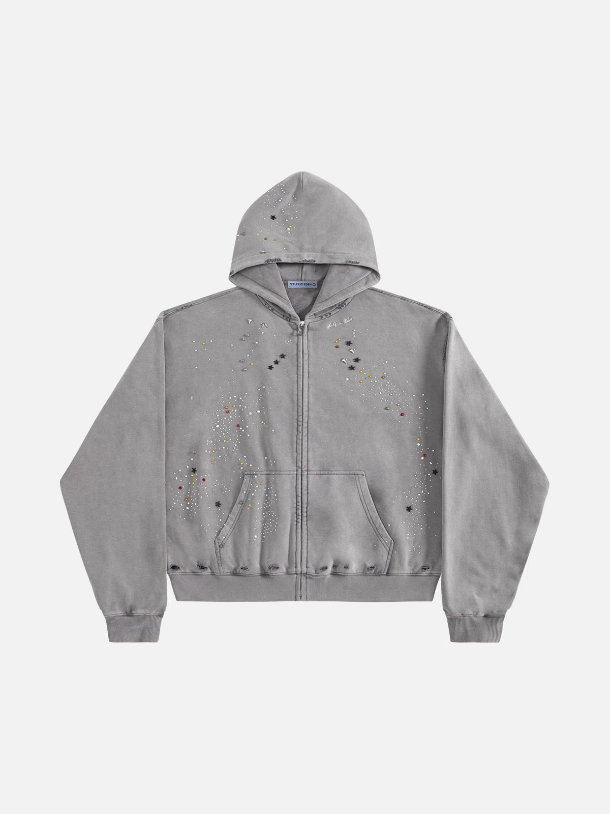Rhinestone Regular Zip Up Hoodie Black - Aelfric Eden
