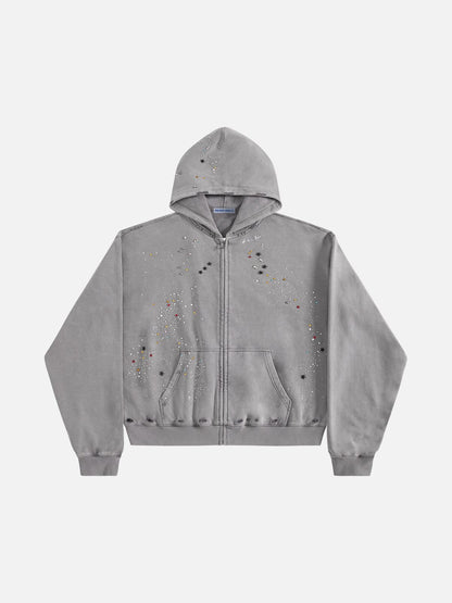 Rhinestone Regular Zip Up Hoodie Black - Aelfric Eden