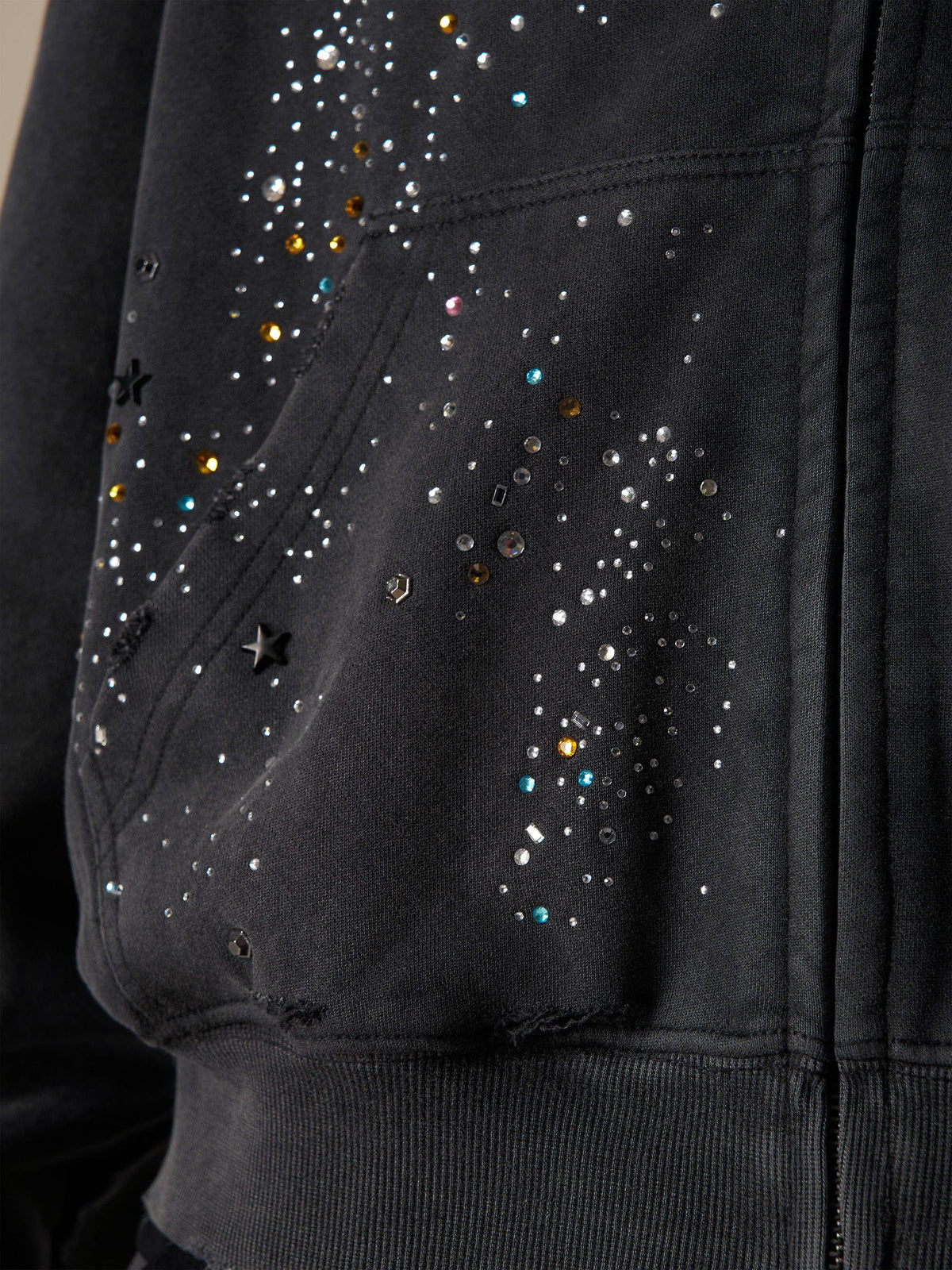 Rhinestone Regular Zip Up Hoodie Black - Aelfric Eden