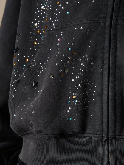 Rhinestone Regular Zip Up Hoodie Black - Aelfric Eden