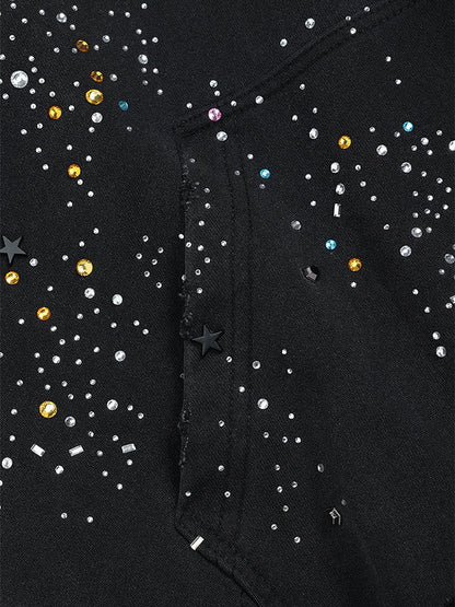 Rhinestone Regular Zip Up Hoodie Black - Aelfric Eden