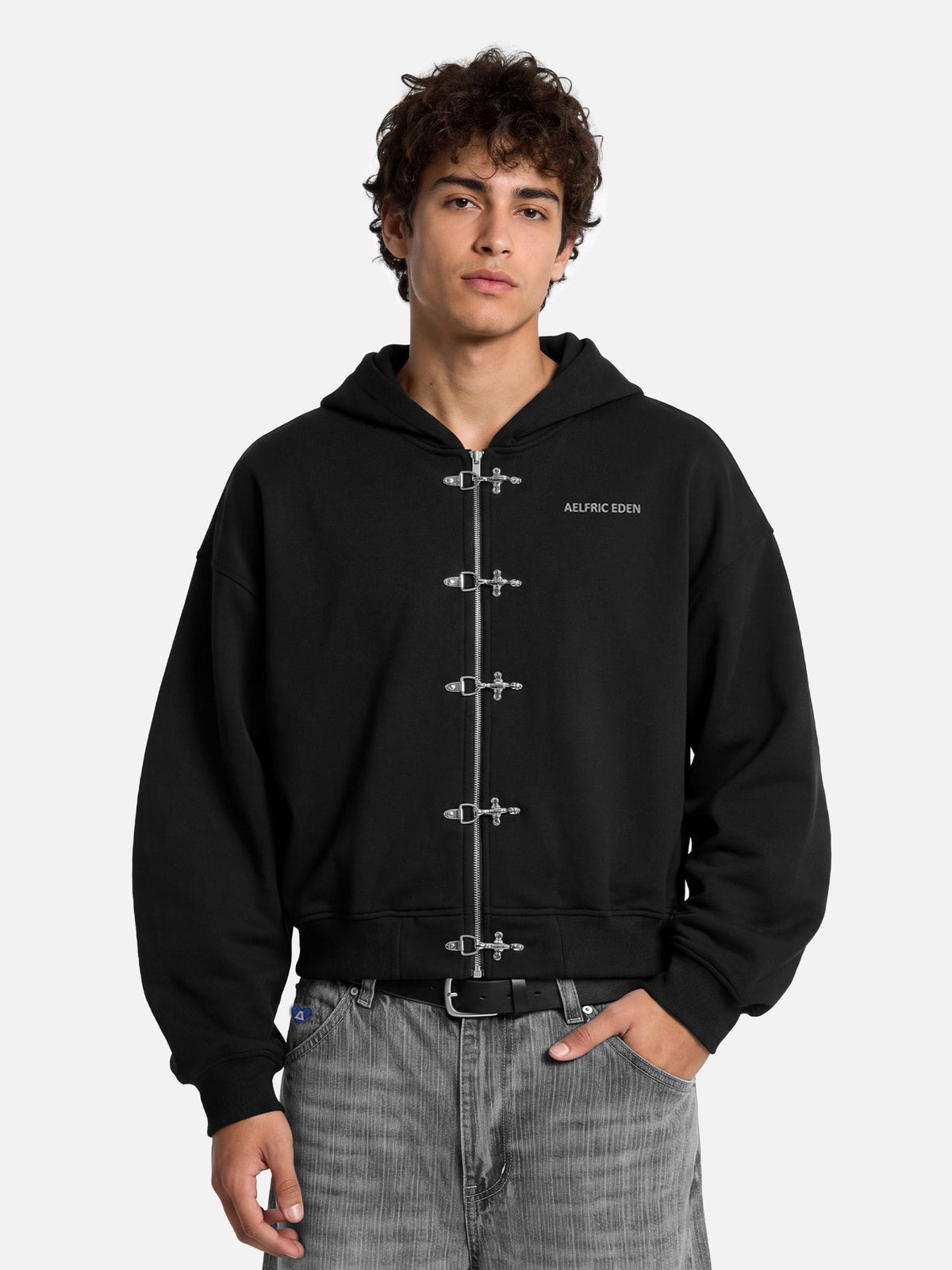 Boxy Fireman Clasp Zip Up Hoodie Black - Aelfric Eden