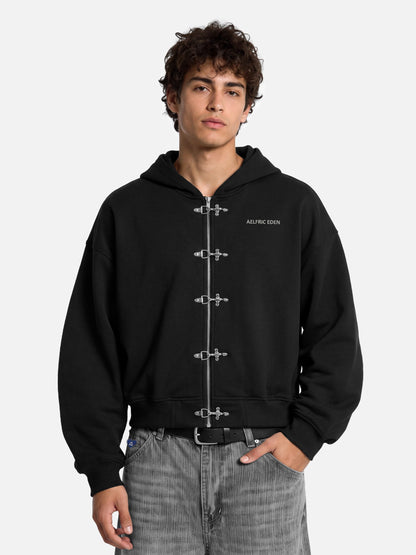 Boxy Fireman Clasp Zip Up Hoodie Black - Aelfric Eden