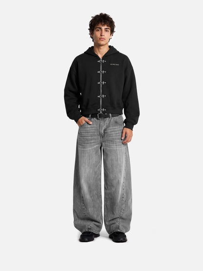Boxy Fireman Clasp Zip Up Hoodie Black - Aelfric Eden