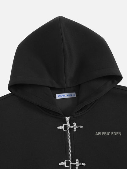 Boxy Fireman Clasp Zip Up Hoodie Black - Aelfric Eden