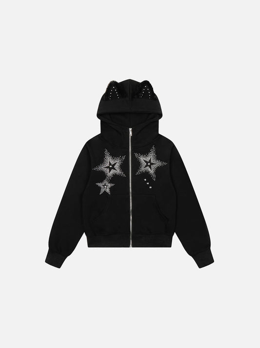 Rhinestone Star Zip Up Hoodie Black - Aelfric Eden