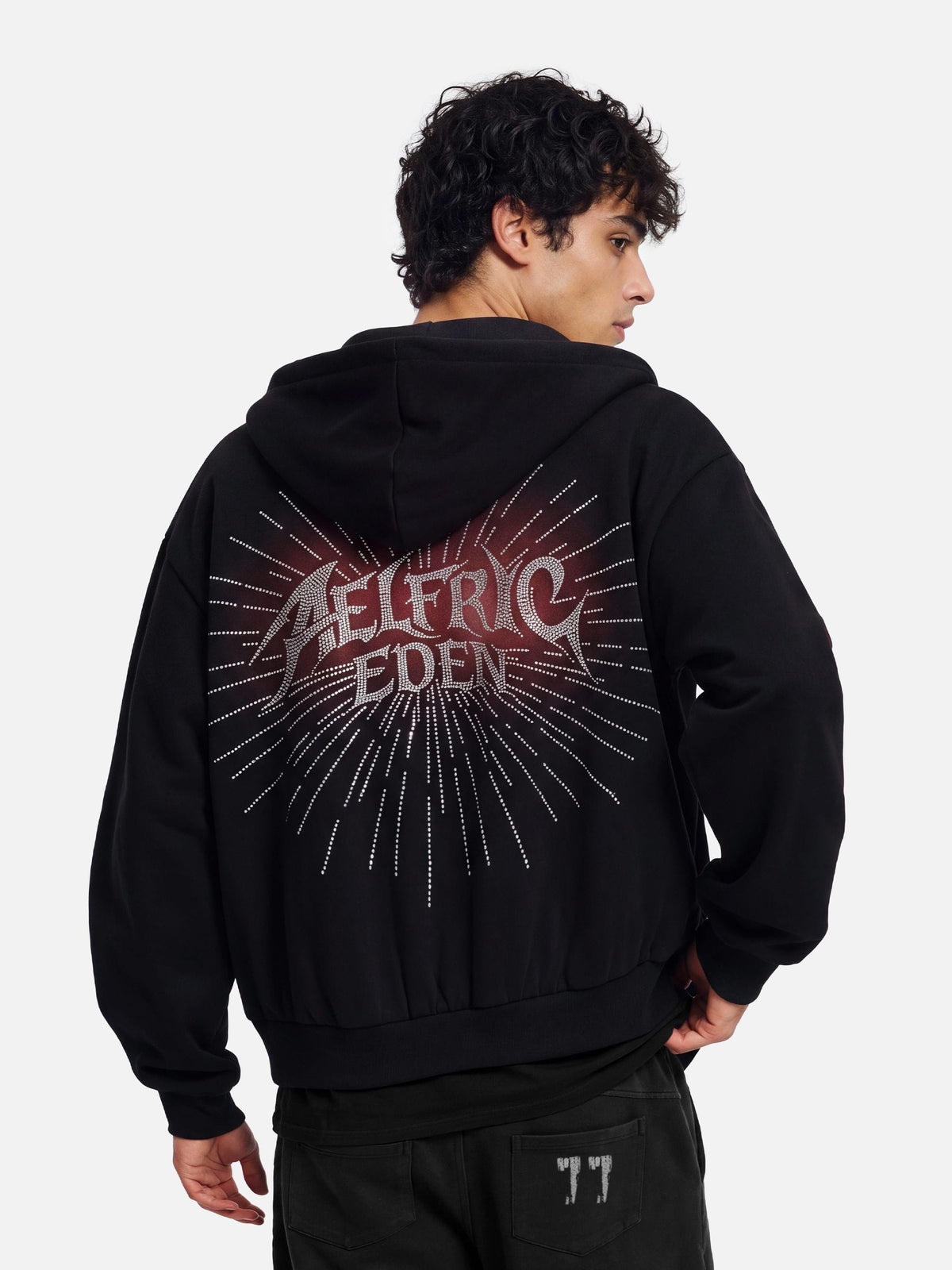 Oversized Rhinestone Zip Up Hoodie Black - Aelfric Eden