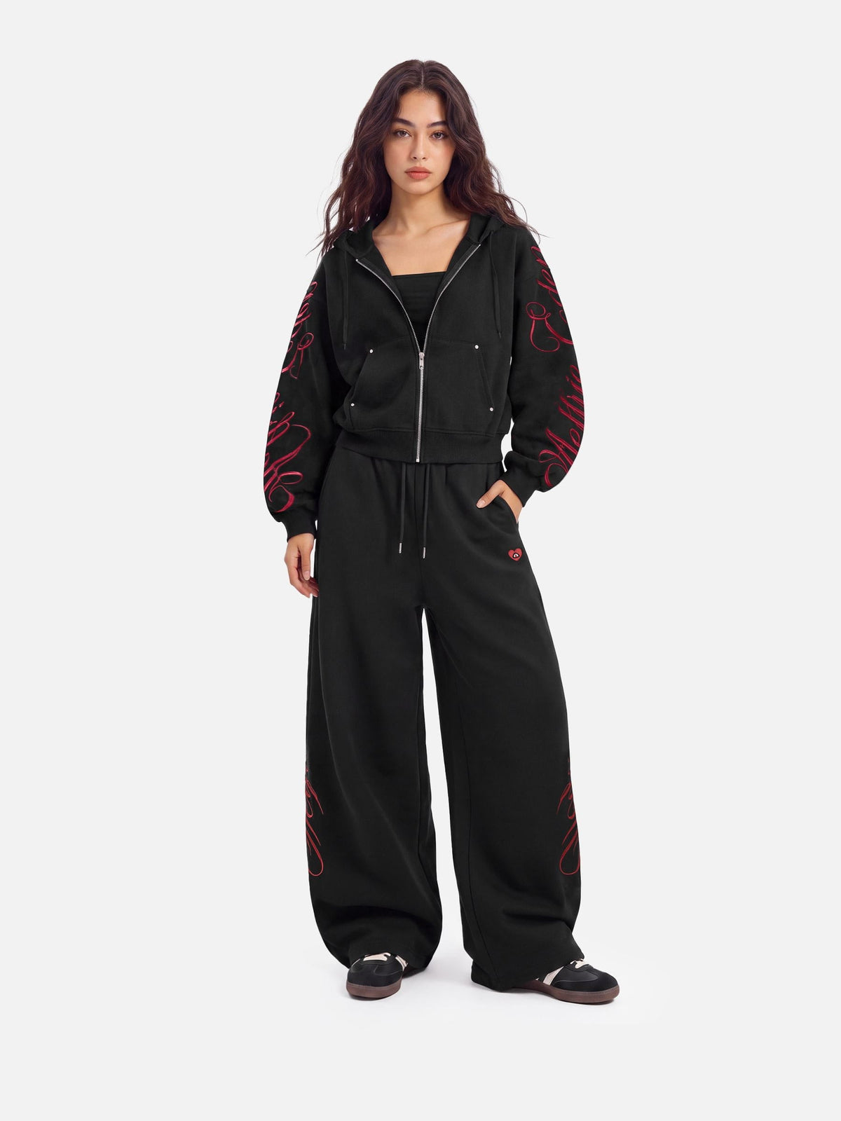 Boxy Script Embroidery Hoodie Sets Black - Aelfric Eden