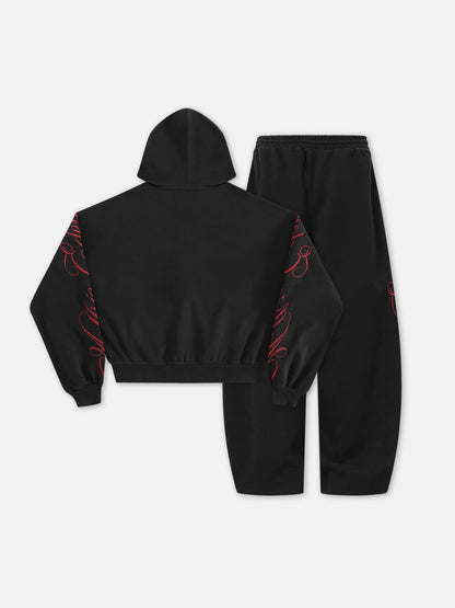Boxy Script Embroidery Hoodie Sets Black - Aelfric Eden