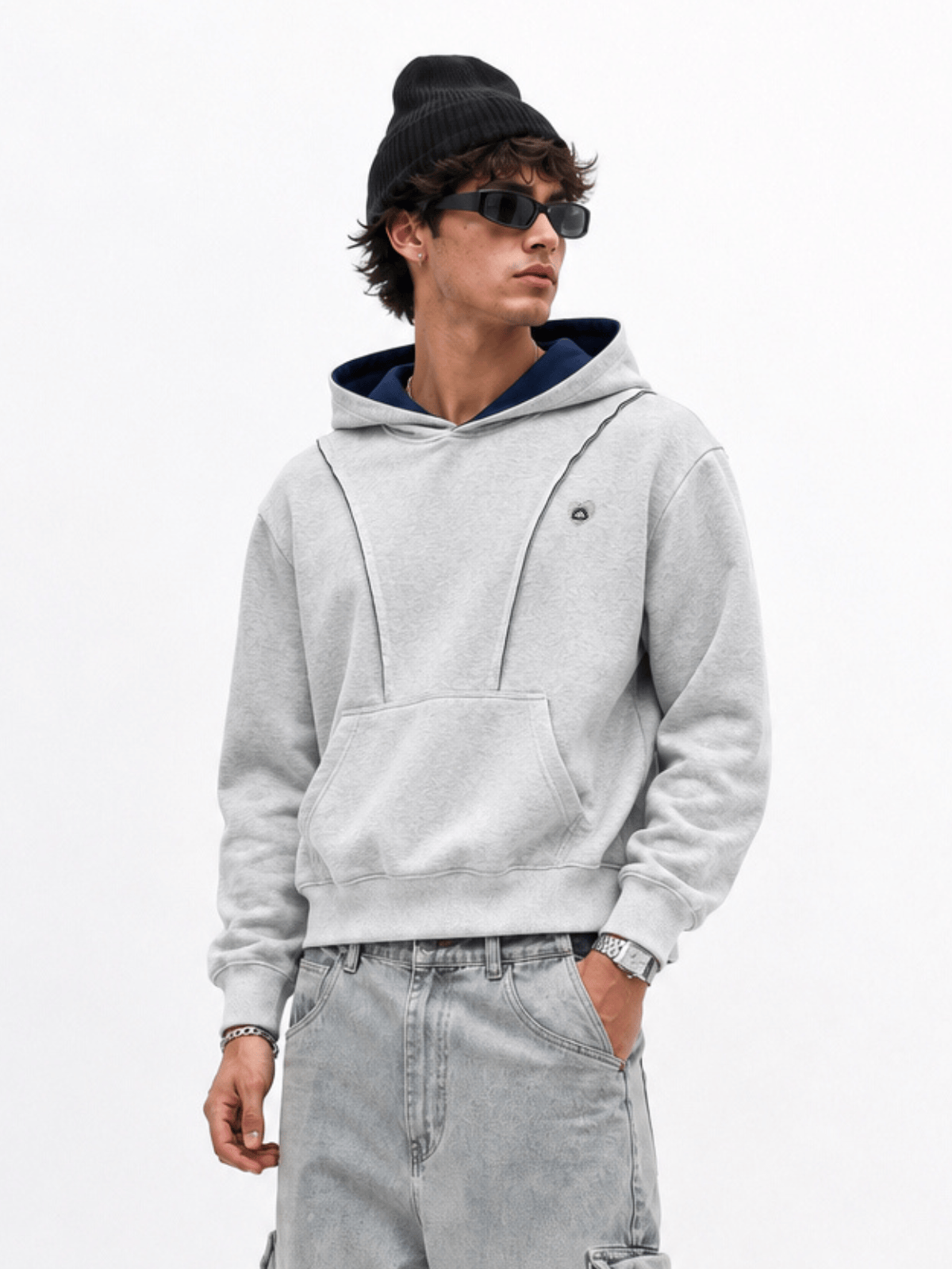 Boxy Panel Pullover Hoodie Dark Blue - Aelfric Eden
