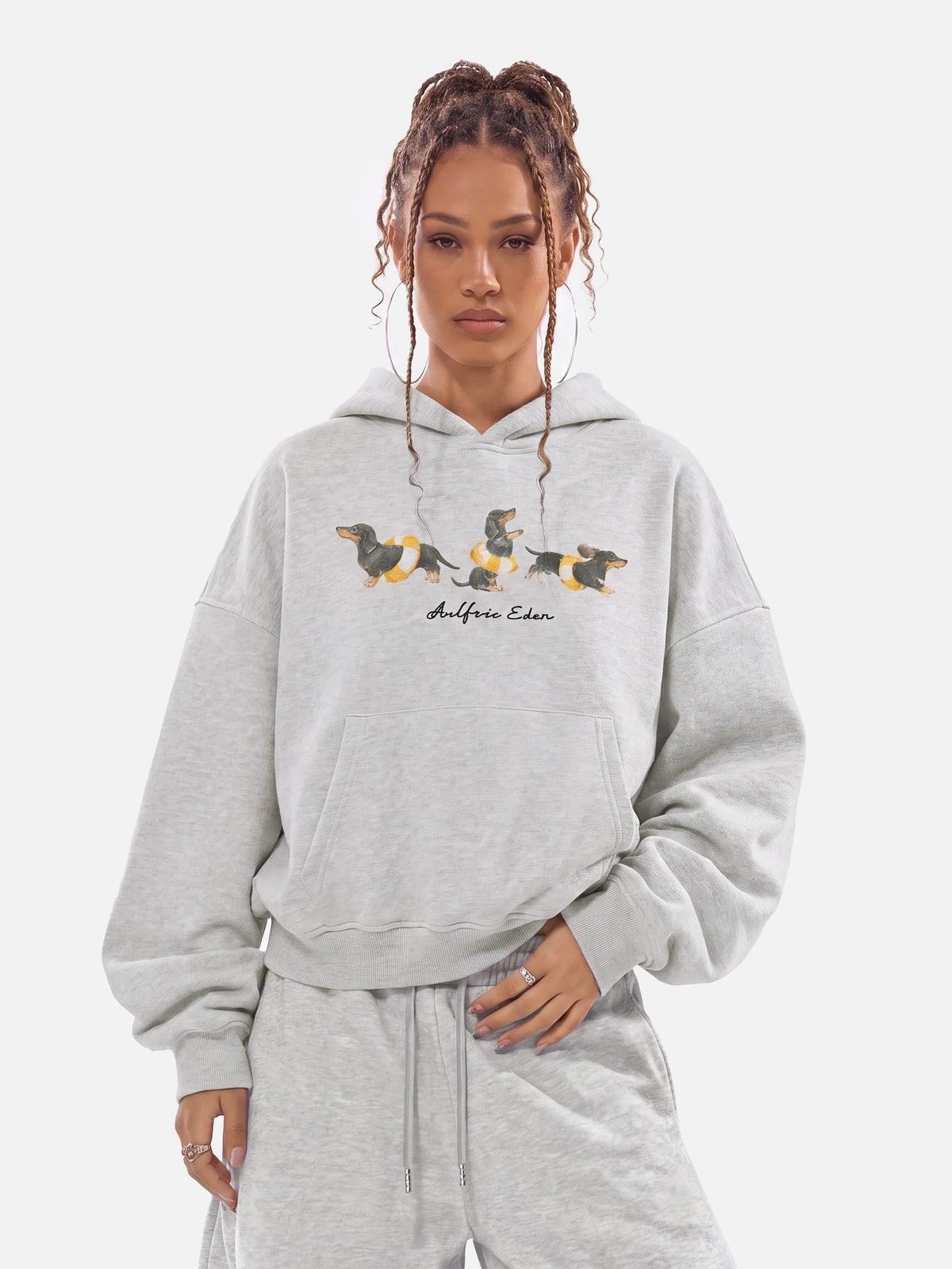 Boxy Dachshund Graphic Pullover Hoodie Grey - Aelfric Eden