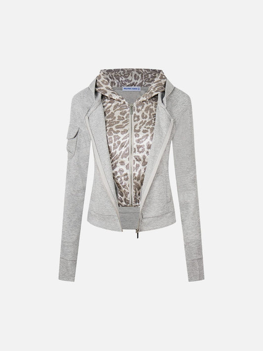 Leopard Panel Zip Up Hoodie Grey - Aelfric Eden