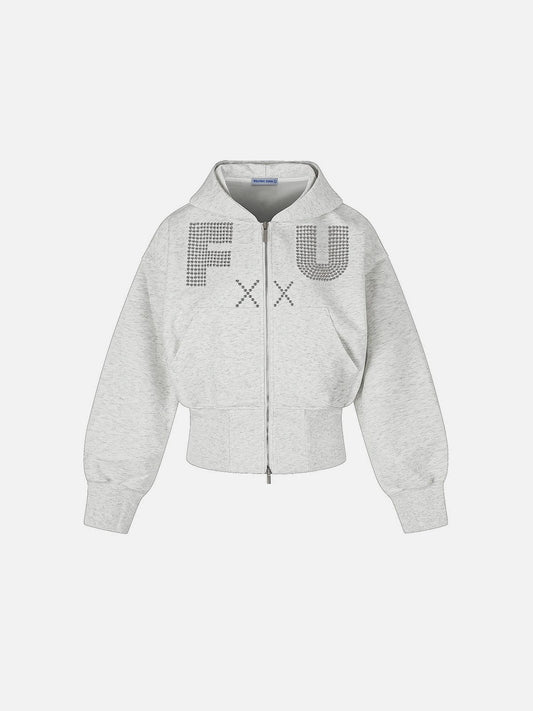 Cropped Studded Zip Up Hoodie Grey - Aelfric Eden