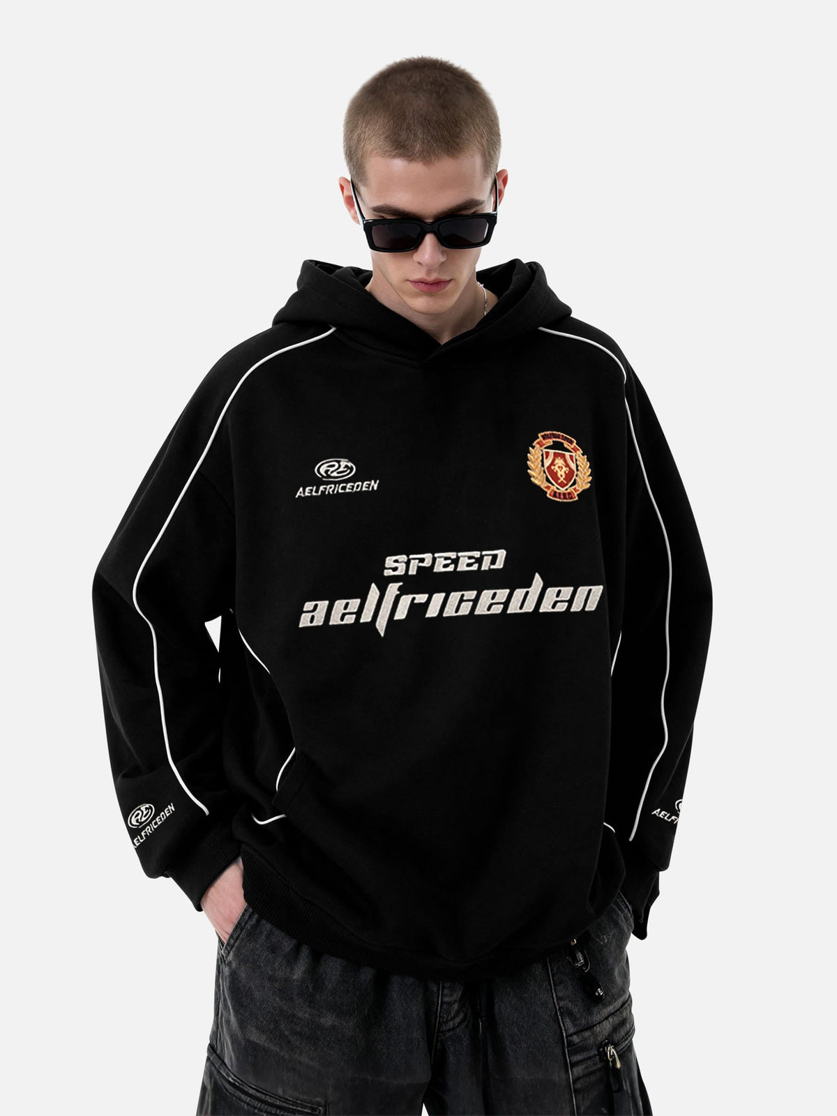 Oversized Applique 77 Pullover Hoodie Black - Aelfric Eden
