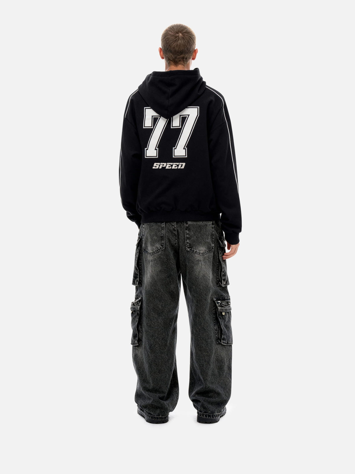 Oversized Applique 77 Pullover Hoodie Black - Aelfric Eden