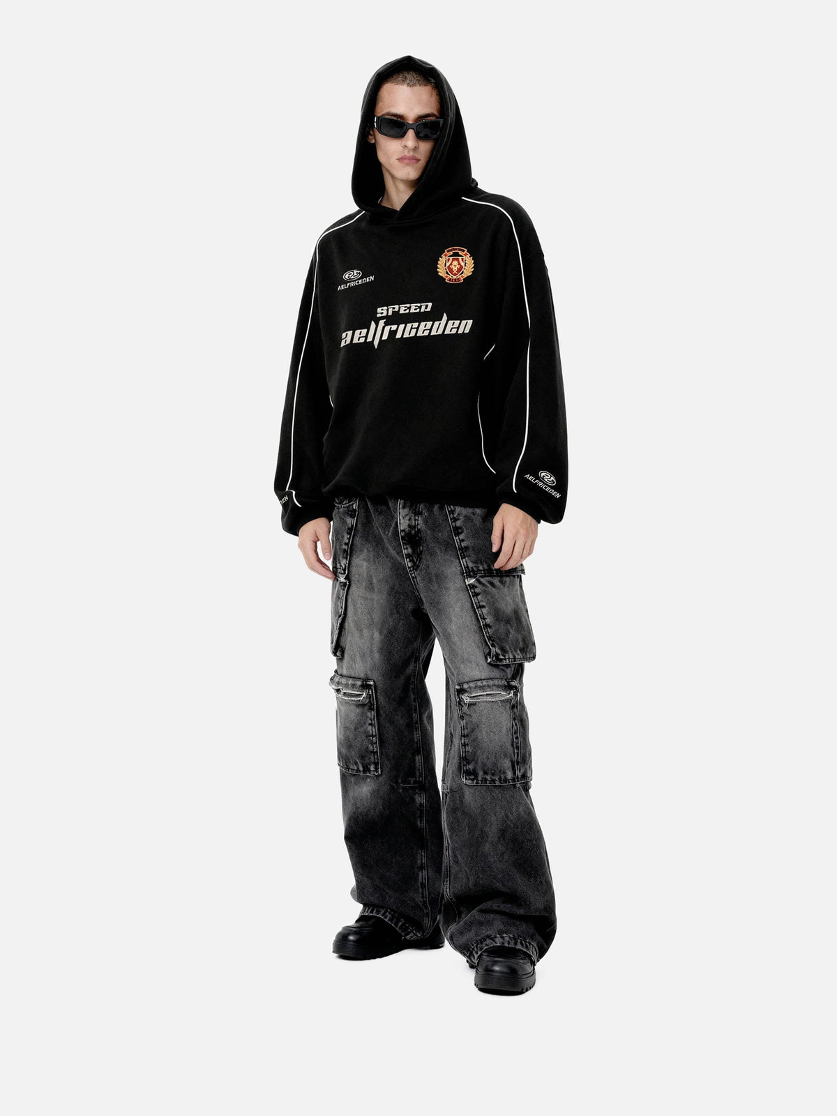 Oversized Applique 77 Pullover Hoodie Black - Aelfric Eden