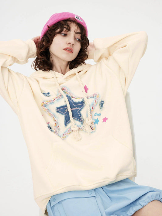 Denim Star Applique Embroidery Hoodie Apricot - Aelfric Eden