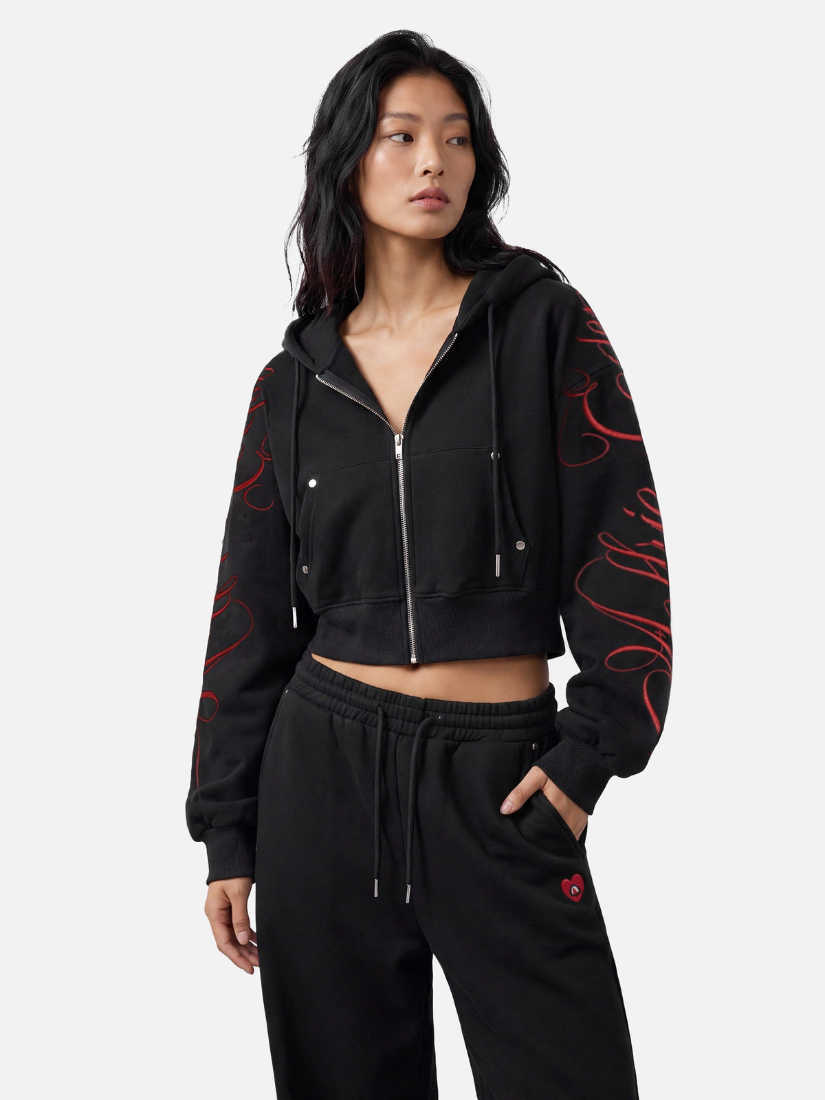 Cropped Script Embroidery Zip Up Hoodie Black - Aelfric Eden
