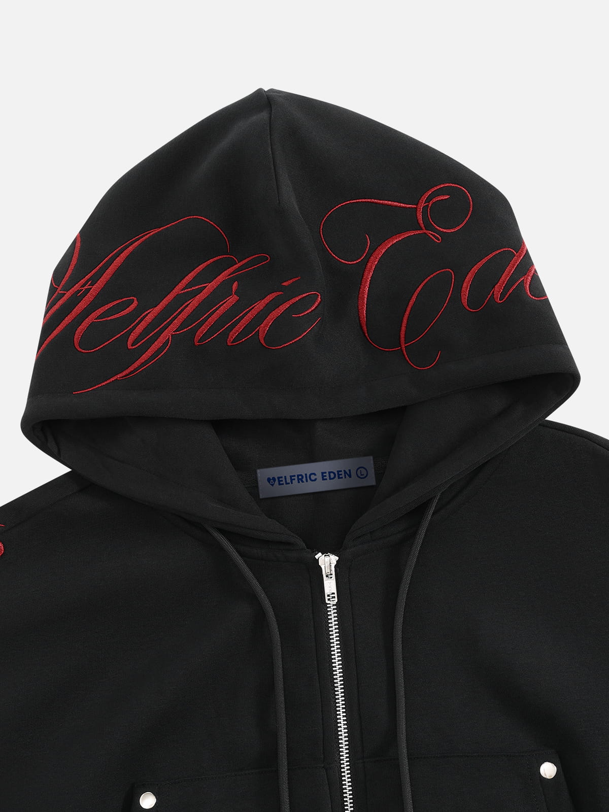 Cropped Script Embroidery Zip Up Hoodie Black - Aelfric Eden