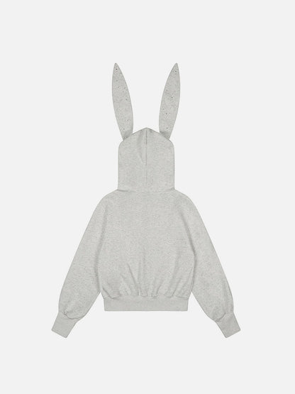 Rhinestone Bunny Ear Cropped Zip Up Hoodie Grey - Aelfric Eden