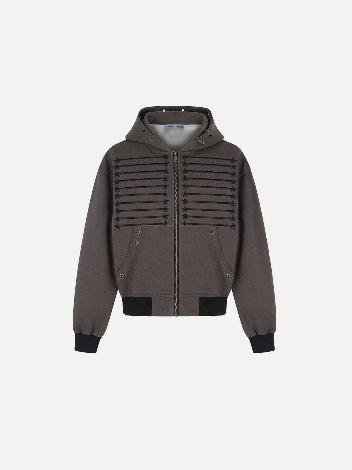 Embroidery Star Napoleon Zip Up Hoodie Apricot - Aelfric Eden