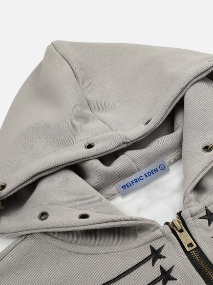 Embroidery Star Napoleon Zip Up Hoodie Apricot - Aelfric Eden