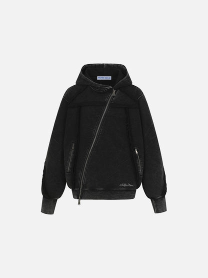 Washed Asymmetric Zip Up Hoodie Black - Aelfric Eden
