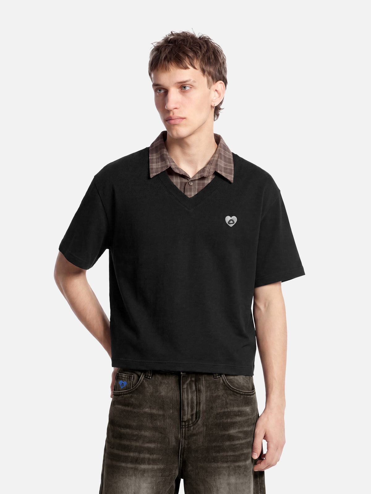 Boxy Layered Plaid Polo Tee Black - Aelfric Eden