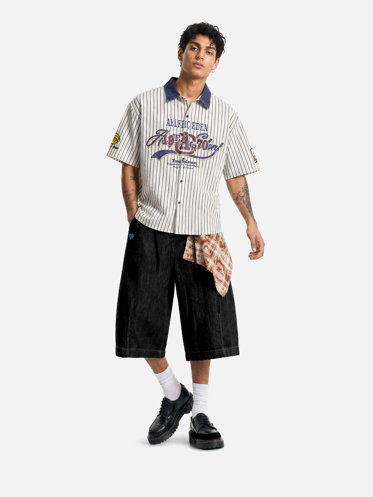 Stripe Patch Short Sleeve Shirt Light Blue - Aelfric Eden