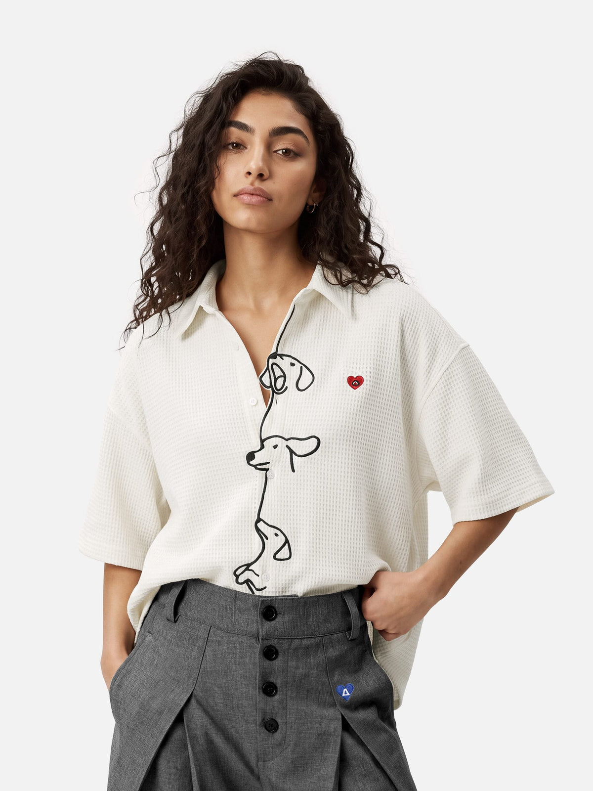 Boxy Dachshund Embroidery Short Sleeve Shirt White - Aelfric Eden