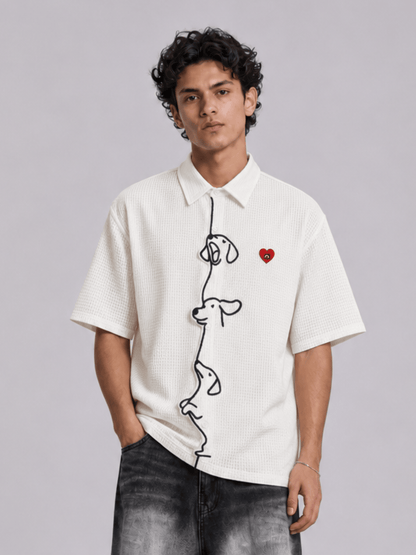 Boxy Dachshund Embroidery Short Sleeve Shirt White - Aelfric Eden
