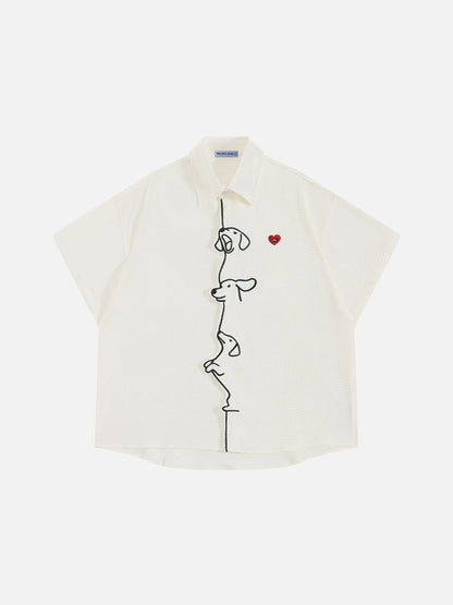 Boxy Dachshund Embroidery Short Sleeve Shirt White - Aelfric Eden