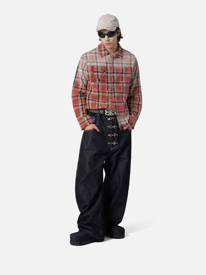 Plaid Distressed Long Sleeve Shirt Red - Aelfric Eden