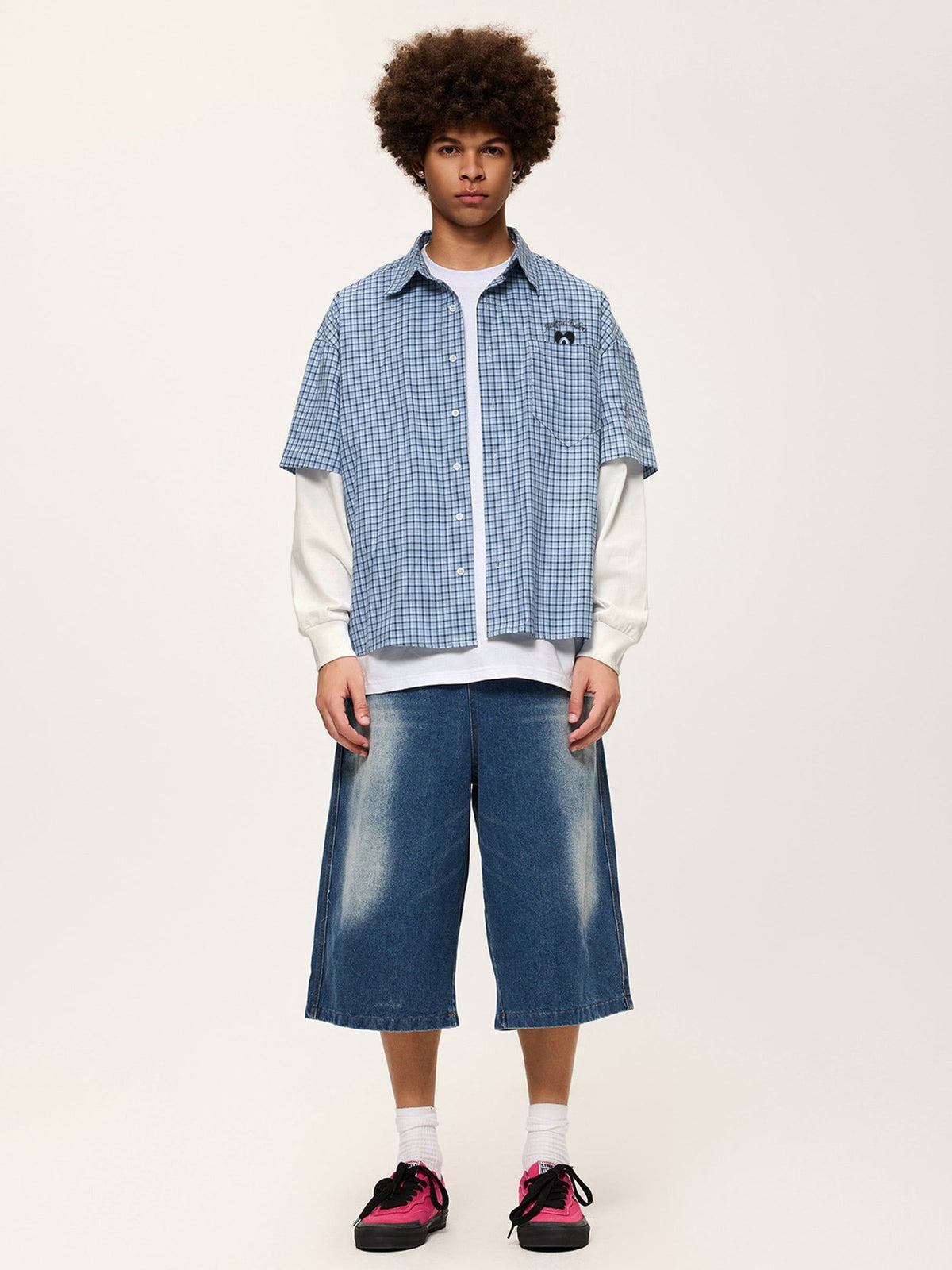 Plaid Layered Long Sleeve Shirt Blue - Aelfric Eden