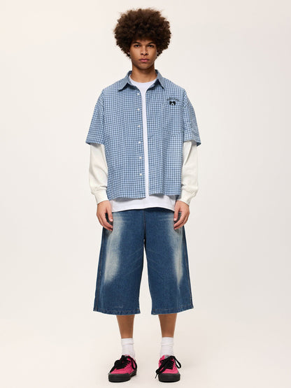 Plaid Layered Long Sleeve Shirt Blue - Aelfric Eden