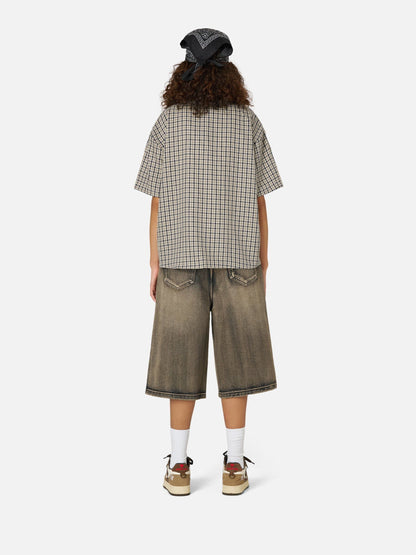 Plaid Embroidery Short Sleeve Shirt Black - Aelfric Eden