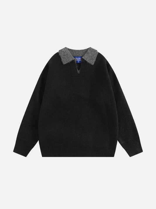 Faux Layer Polo Knit Sweater Black - Aelfric Eden