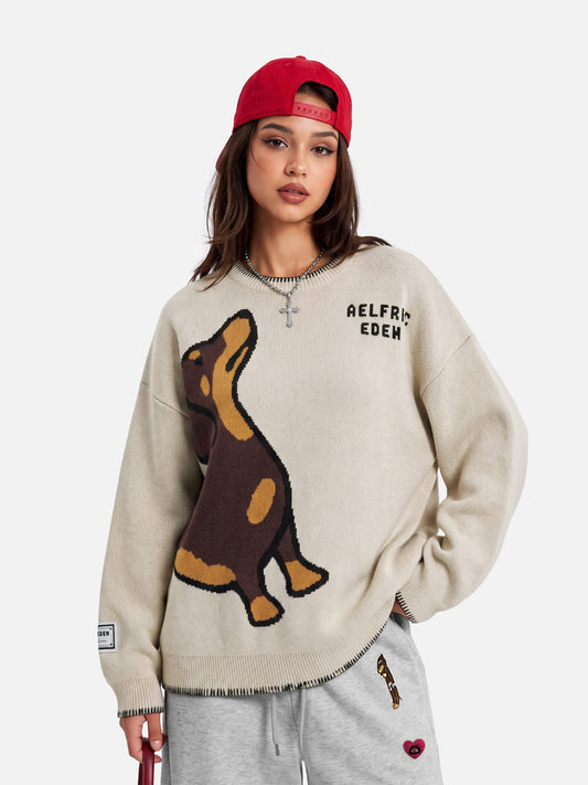Hand Drawn Dachshund Jacquard Sweater Apricot - Aelfric Eden