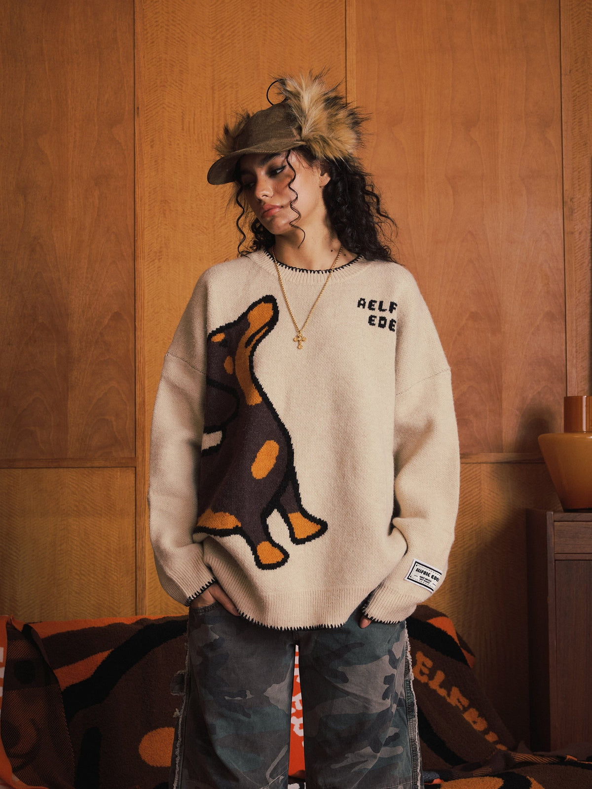 Hand Drawn Dachshund Jacquard Sweater Apricot - Aelfric Eden
