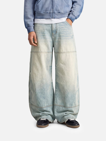 Washed Panel Baggy Barrel Jeans Blue - Aelfric Eden