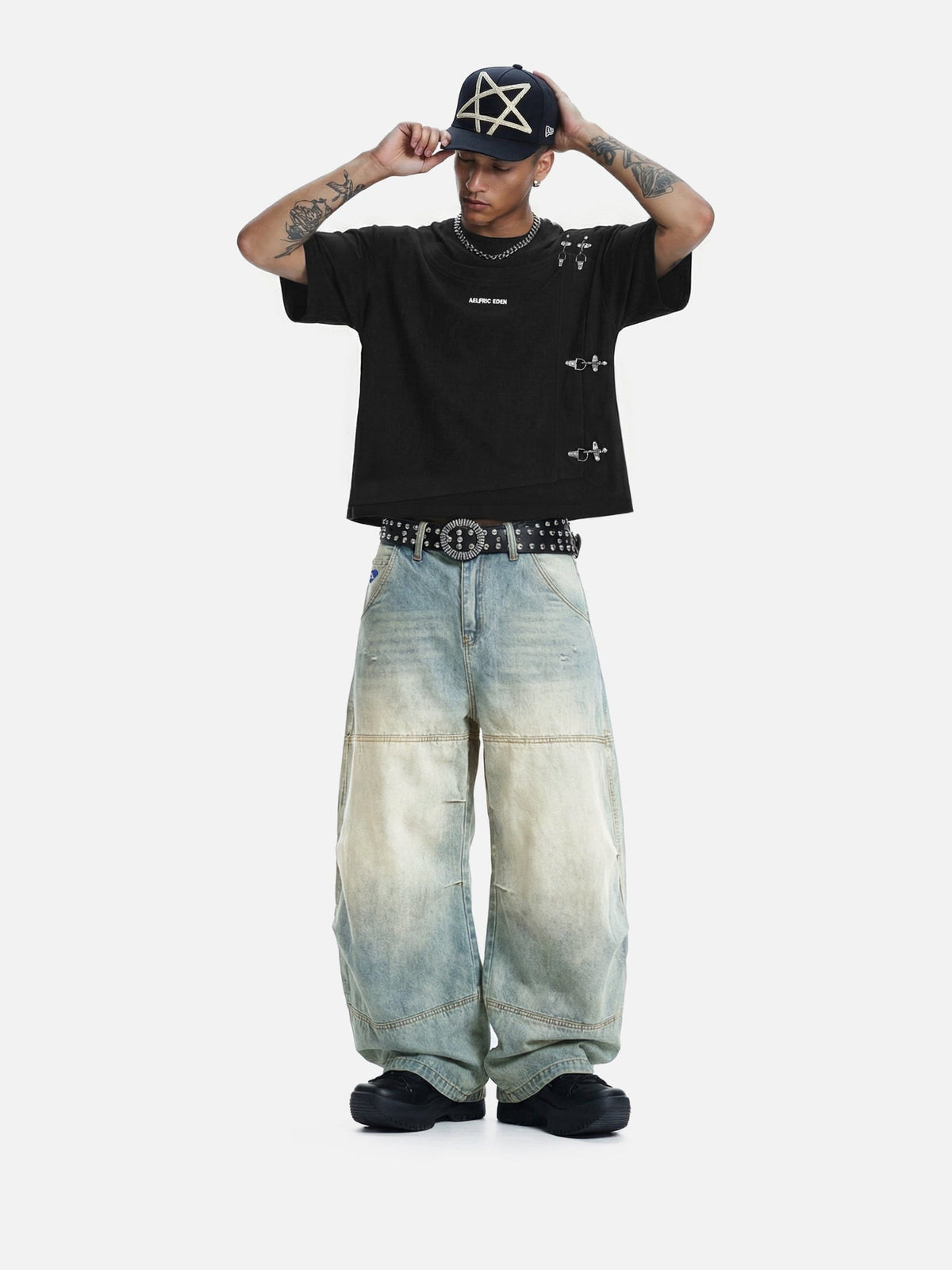 Washed Panel Baggy Barrel Jeans Blue - Aelfric Eden