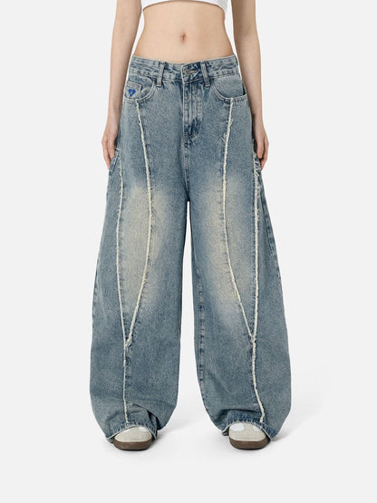 Fringe Patchwork Loose Jeans Blue - Aelfric Eden