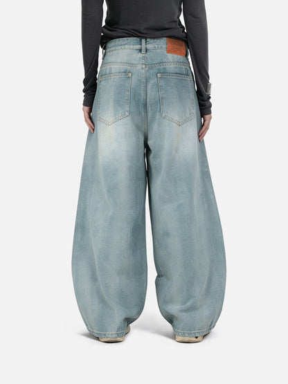 Stripe Whiskering Baggy Barrel Jeans Blue - Aelfric Eden