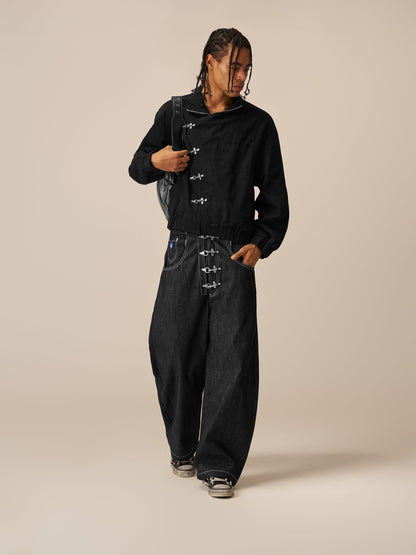 Metal Button Raw Baggy Barrel Jeans Black - Aelfric Eden