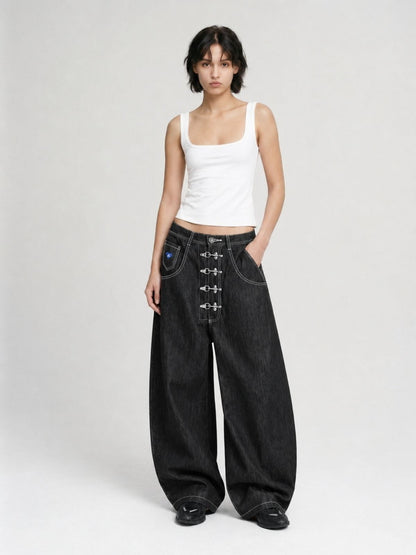 Metal Button Raw Baggy Barrel Jeans Black - Aelfric Eden