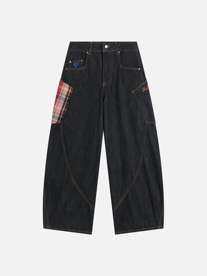 Plaid Pocket Barrel Loose Jeans Black - Aelfric Eden